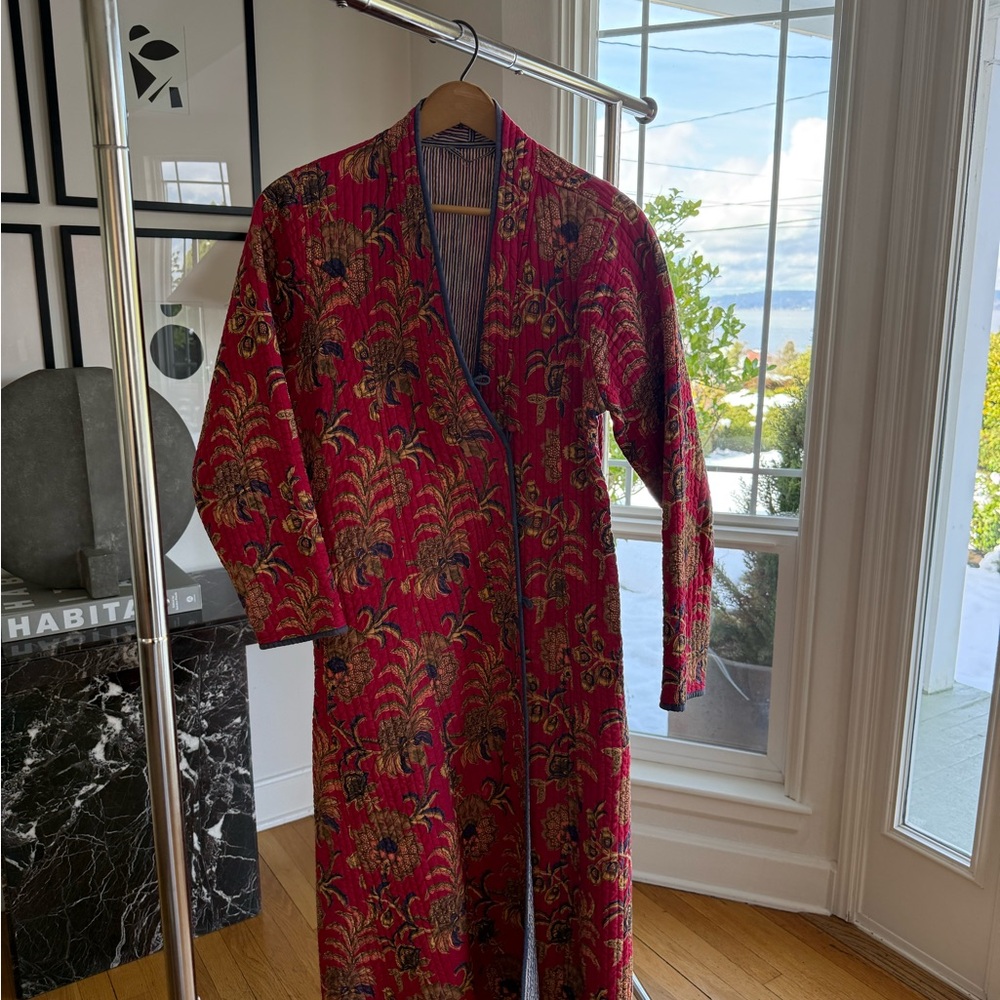 Quilted Floral Robe Jacket Red Block Print Cotton Long Kimono Boho Vintage Style